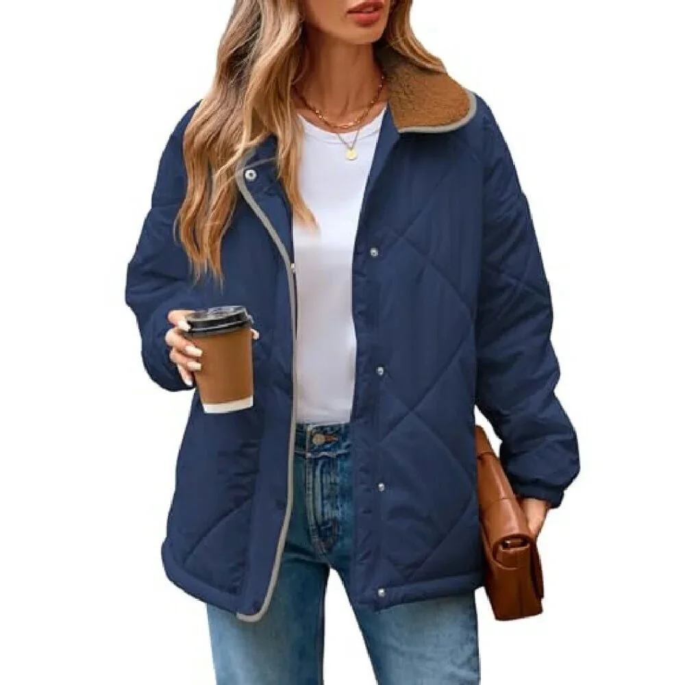 Women's Winter Quilted Puffer Jacket Long Sleeve Zip Button Coat